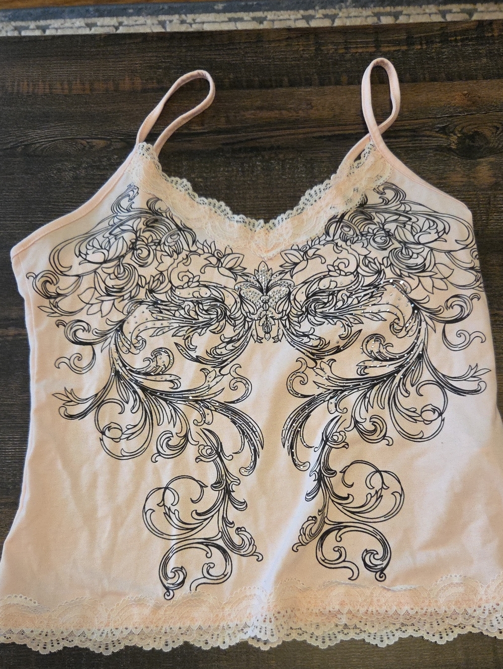 ROMWE Pink Lace Trim Cami with Black Floral Scroll Print